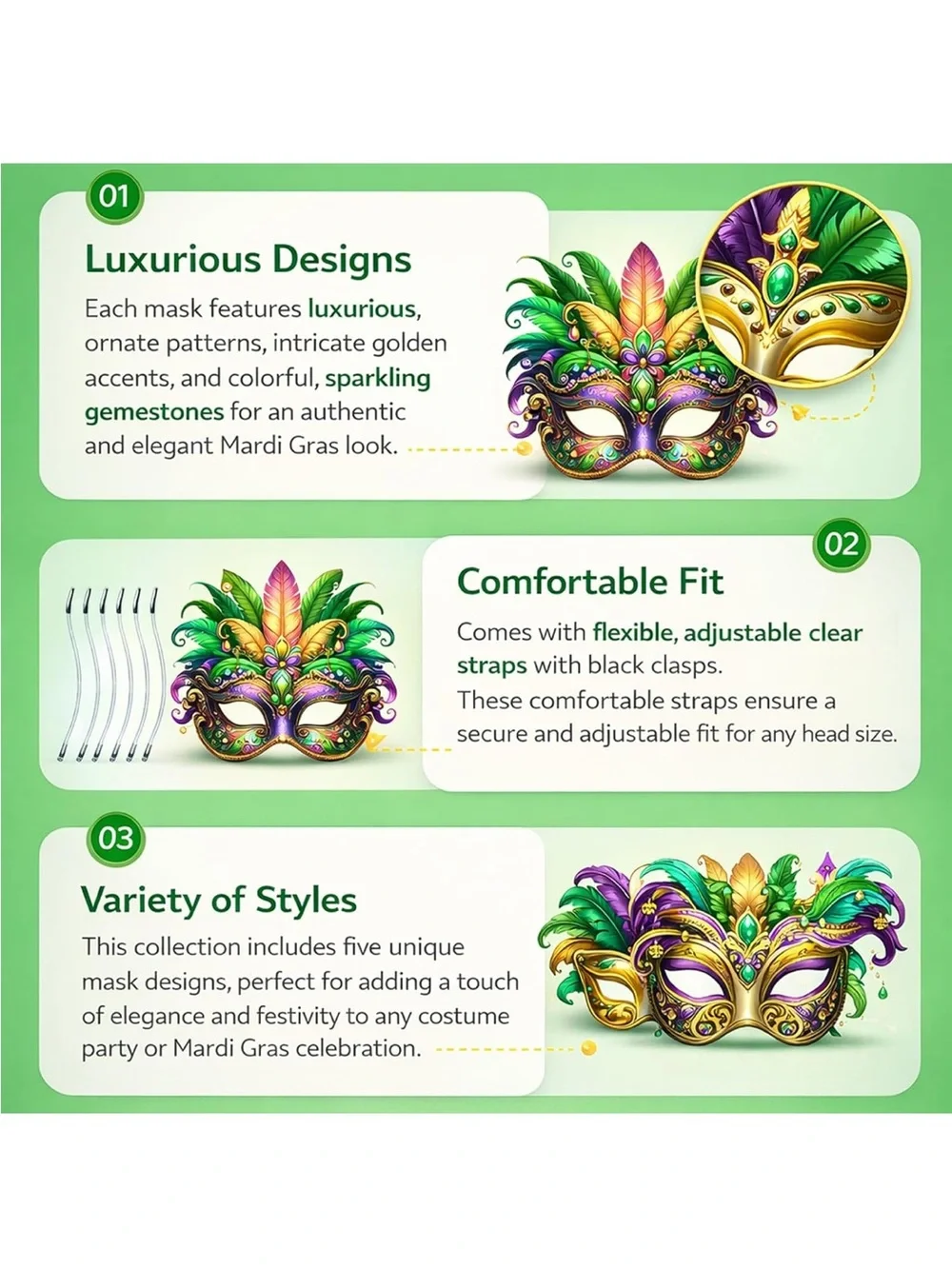 💞 New Pack of 6 Vibrant Mardi Gras Carnival Party Masks